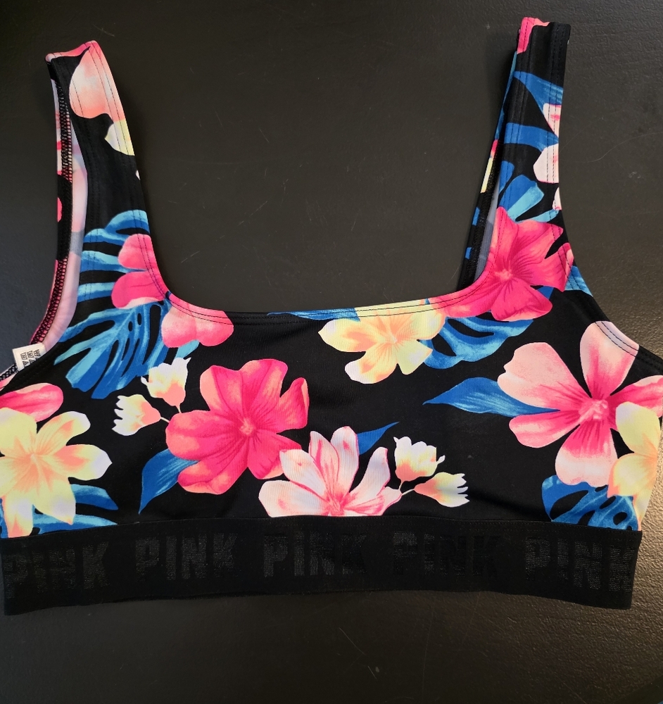 PINK Victoria's Secret Ultimate Swim to Gym Sports Bra Black Floral Size Small